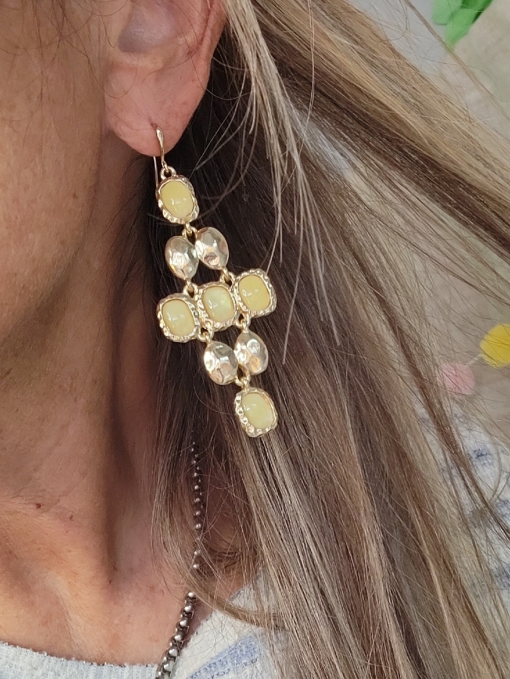Yellow Glass Gold Tone Drop Cross Earrings